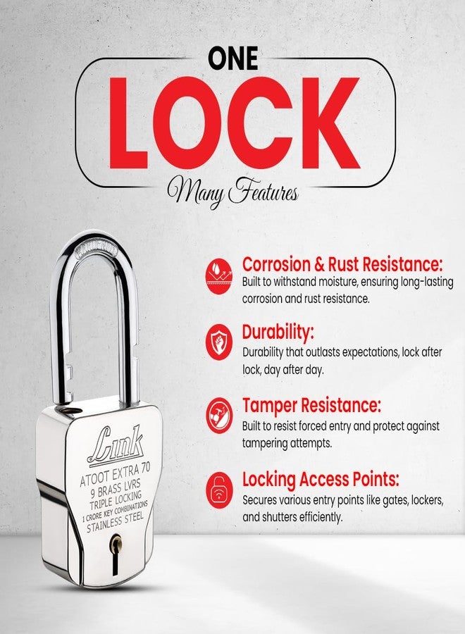 Link® Atoot Extra 70m Triple Locking Mechanism Padlock, Hardened Shackle,Each Padlock with 3 Silver Keys (Pack of 2) - Image 3